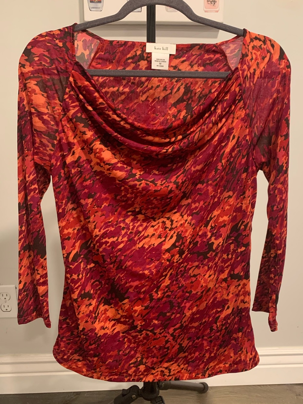 Kate Hill cowl neck long sleeve top - red & orange abstract print - GB043